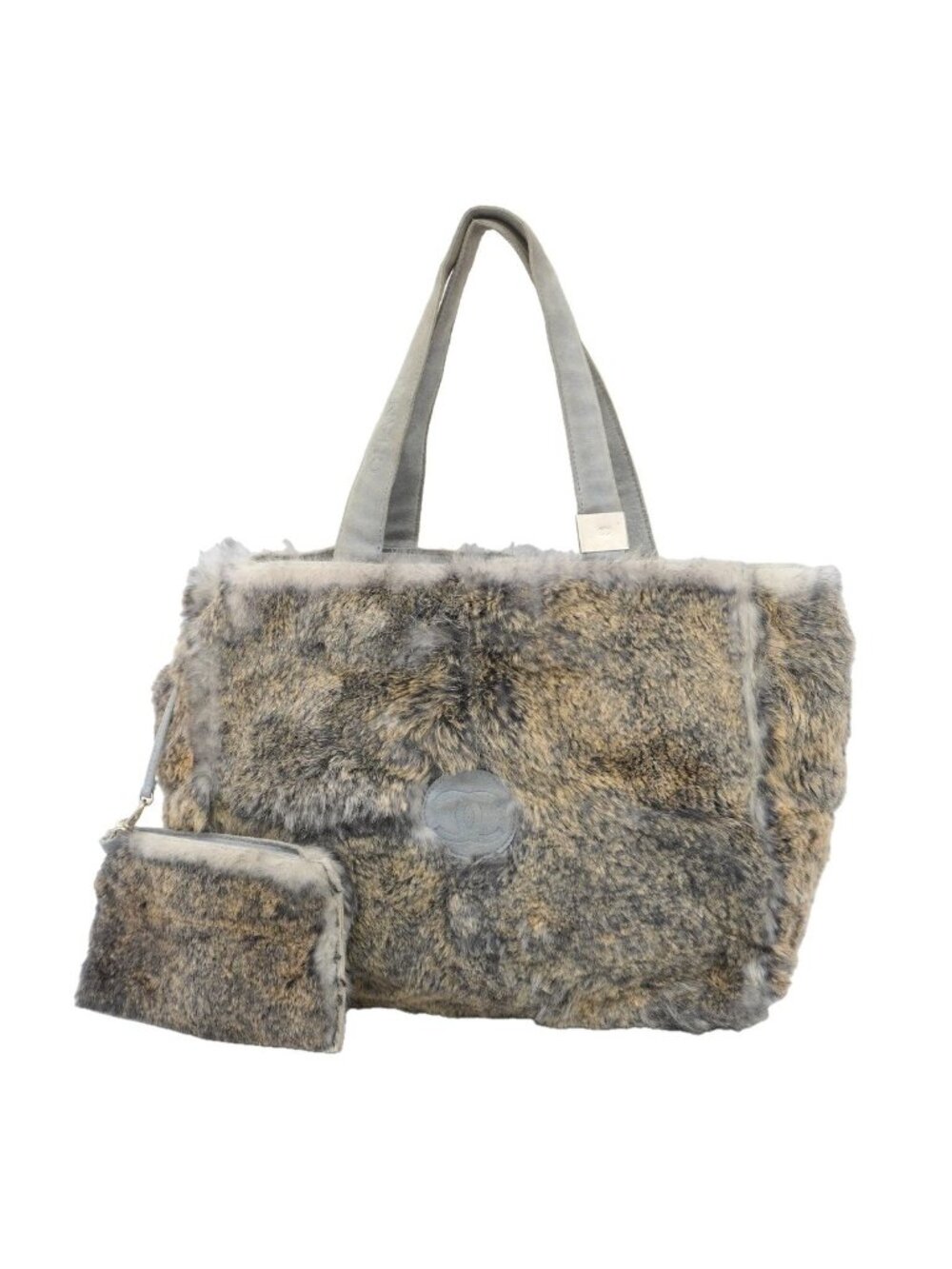 Chanel Tote Rabbit Fur Brown Light Blue Silver